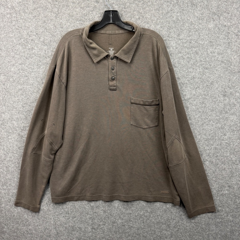 Patagonia Mens XL Brown Organic Cotton Tencel Long Sleeve Polo Shirt Elbow Patch